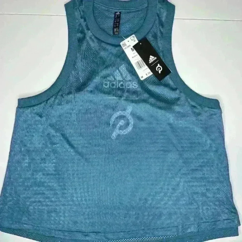 NWT Adidas X Peloton Women' M Mesh Double Layers‎ Tank Teal HE2044 Loose fit